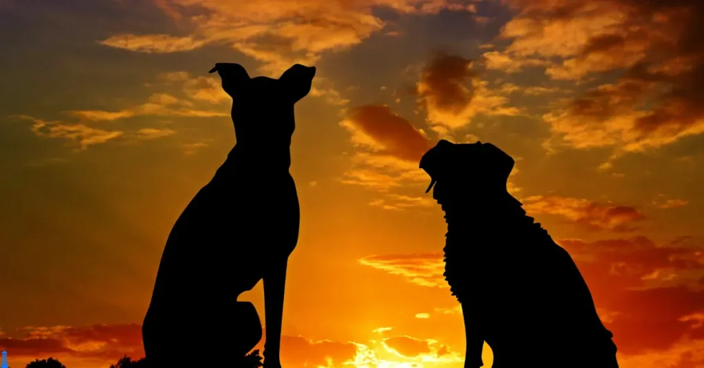 Two dogs watching a sunset