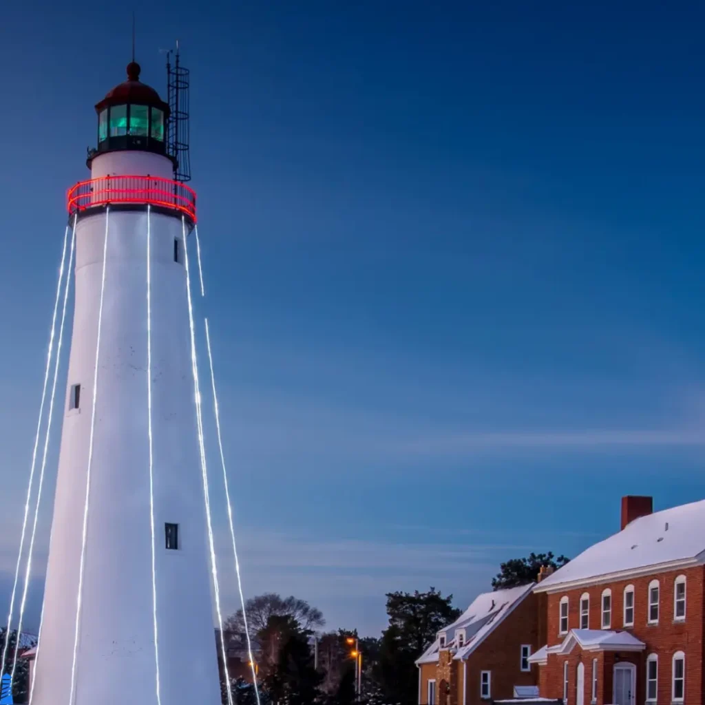 Fort Gratiot Light In Winter With Festive Holiday Lighting