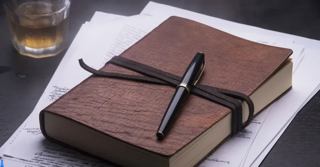 A leather bound journal tied closed sitting on papers on a desk with a pen on top.