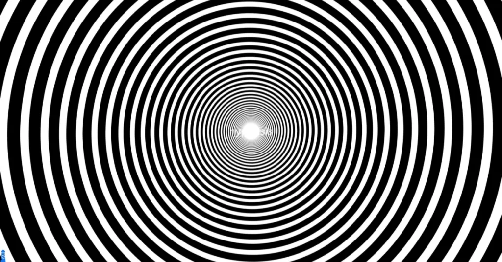 Black and white circles expanding out from the center with the word hypnosis in the center