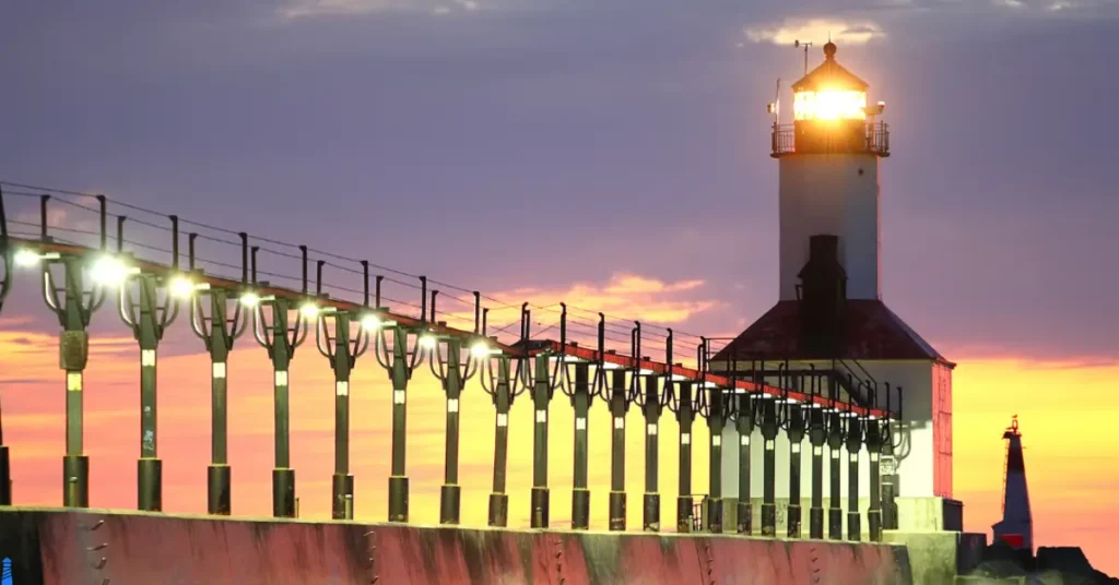 Michigan City Indiana Lighthouse at sunset.