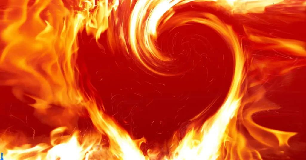 Fire swirling to form a heart.