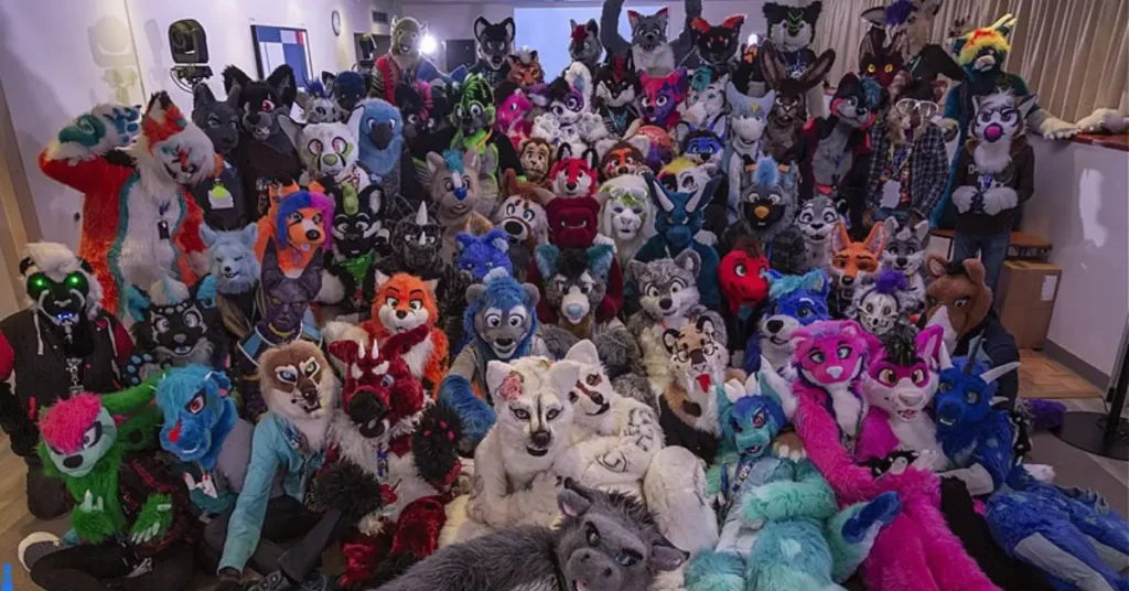 A group of furries at a convention.