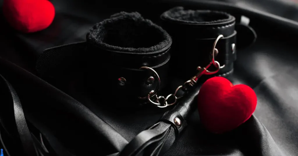 Black leather flogger and cuffs mixed with red plush hearts.