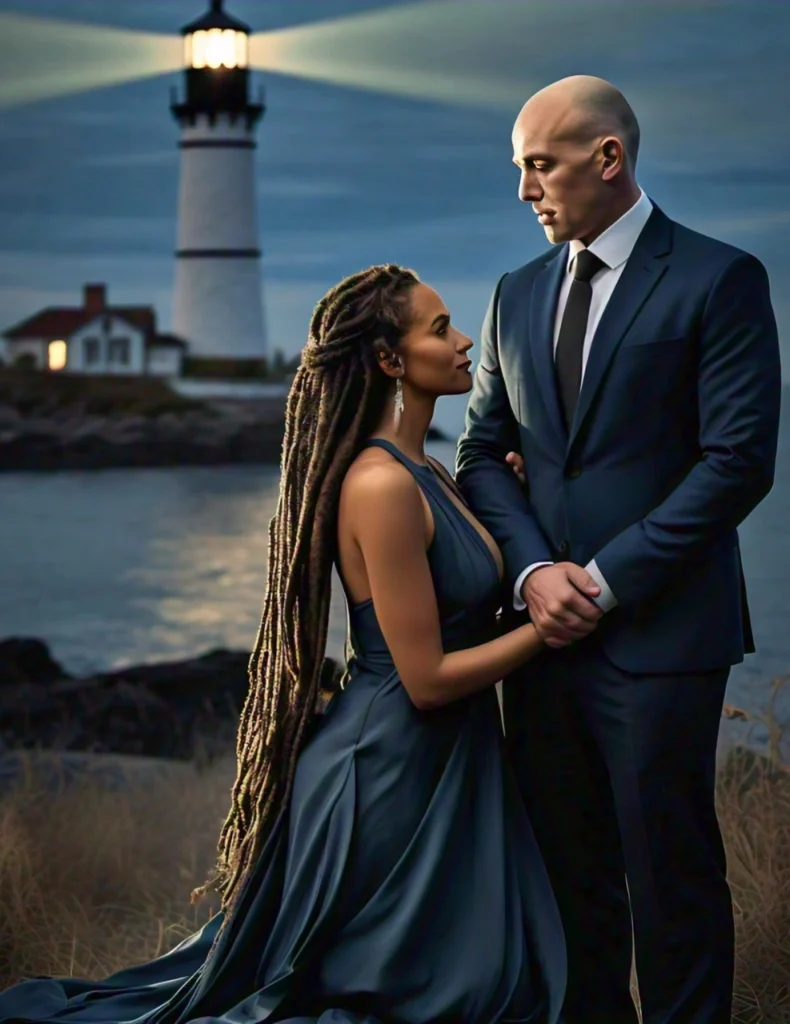 Lighthouse keeper and partner in the evening with their lighthouse behind them.