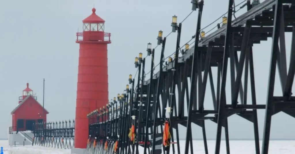 Grand Haven, MI. lights in winter.