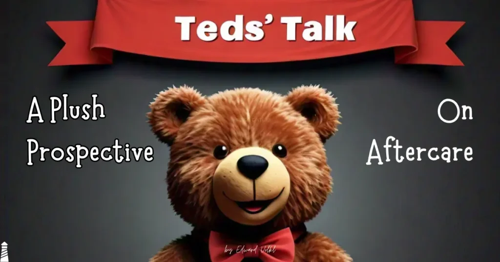 Teds' Talk Logo, a teddy bear with a red bow tie with Teds' Talk on a banner above.