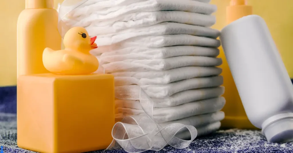 Rubber duckie, diapers, and baby powder.