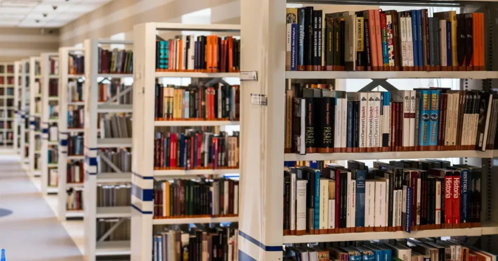 The stacks in a library.