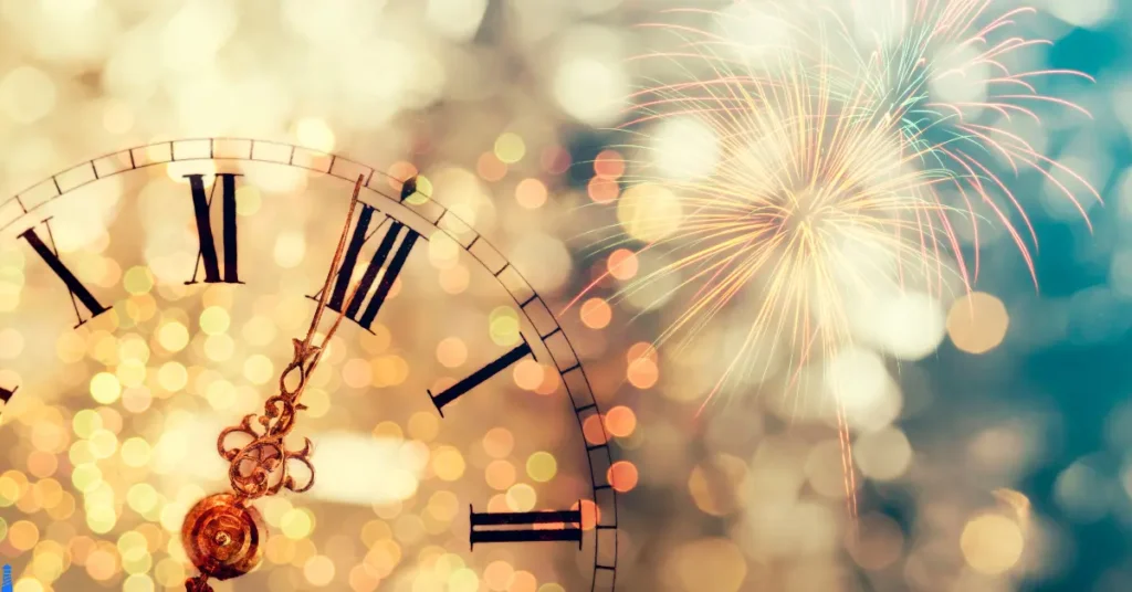 New Year picture, a clock with fireworks exploding in the background.