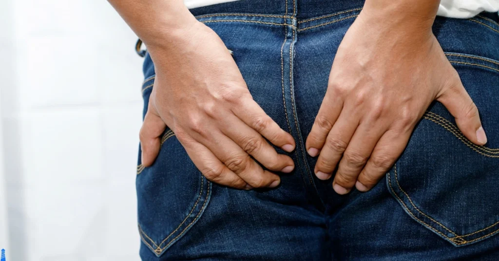 A masculine backside in blue jeans.